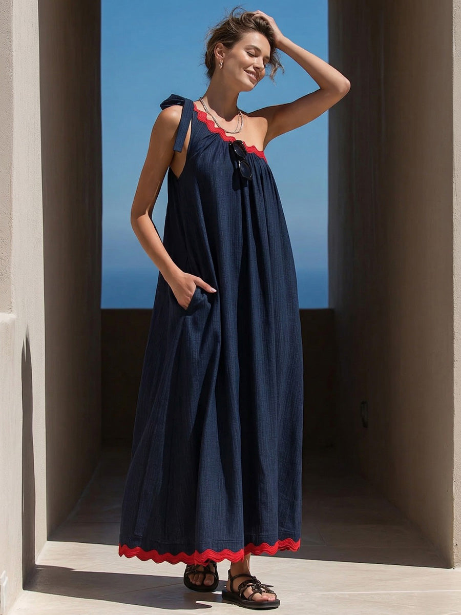 Olivia Bennet | A-Line Loose Pleated Pockets Split-Joint Tied One-Shoulder Maxi Dresses