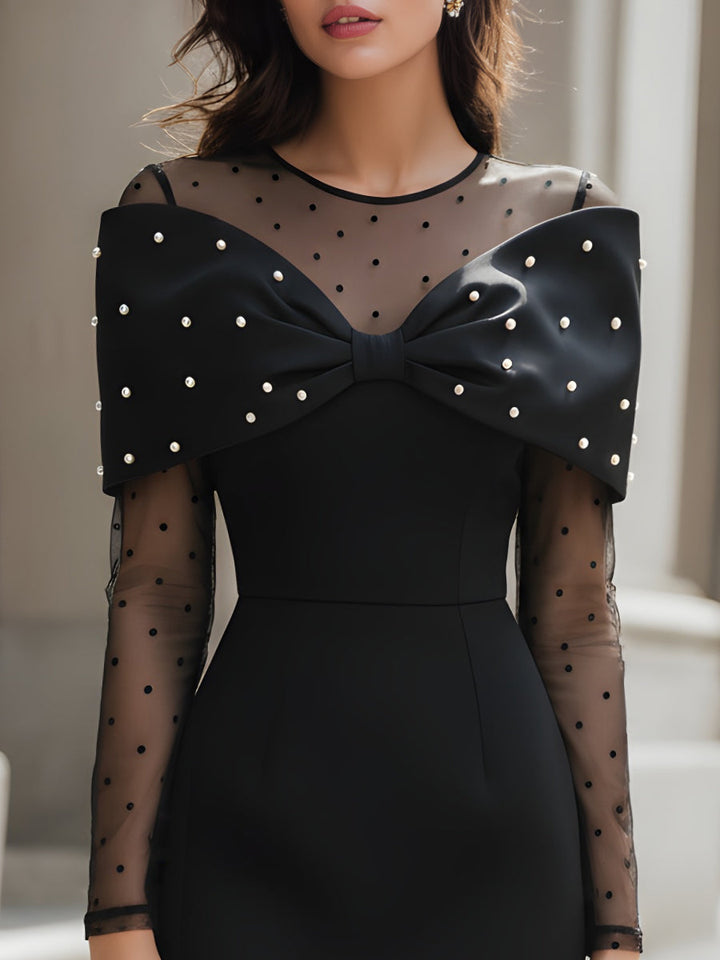 Olivia Bennet | Pearl-Embellished Bow Sheer Mesh Mini Dress