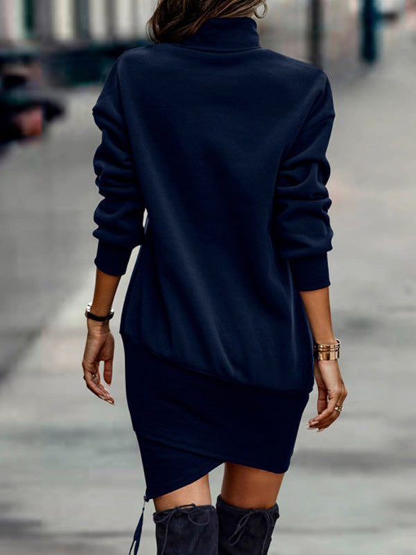 Olivia Bennet | Casual Long Sleeves Solid Color High-Neck Mini Dresses