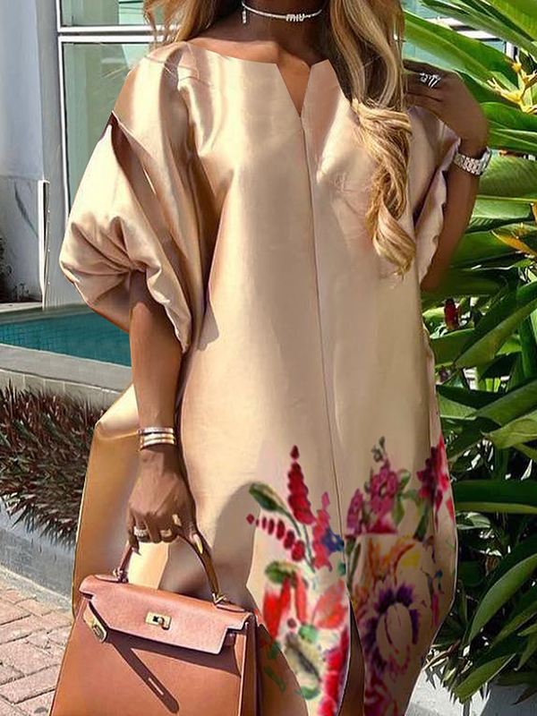 Olivia Bennet | A-Line Half Sleeves Elasticity Flower Print Split-Front V-Neck Maxi Dresses