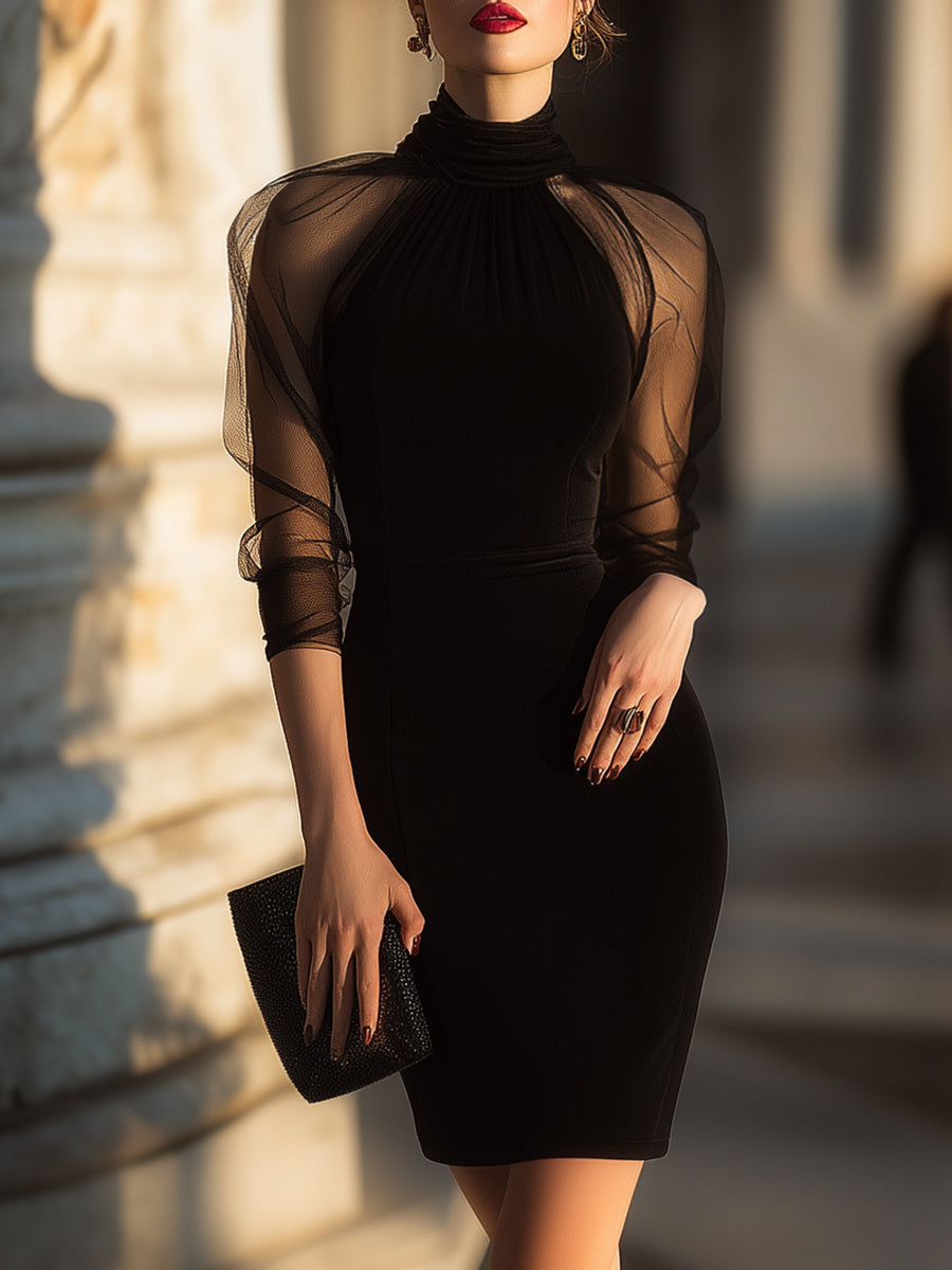 Olivia Bennet | Black Sheer-Sleeve High-Neck Mesh Cocktail Dress