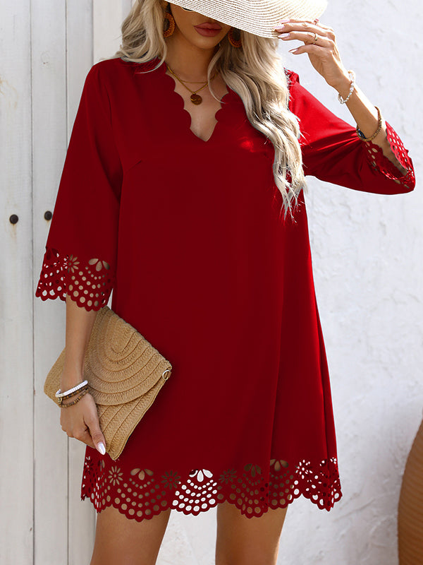 Olivia Bennet | A-Line Loose Hollow Solid Color V-Neck Mini Dresses