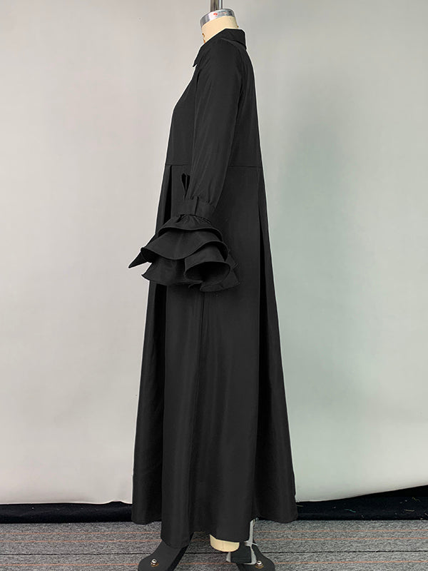 Olivia Bennet | Flared Sleeves Pleated Solid Color Split-Joint Lapel Maxi Dresses Shirt Dress