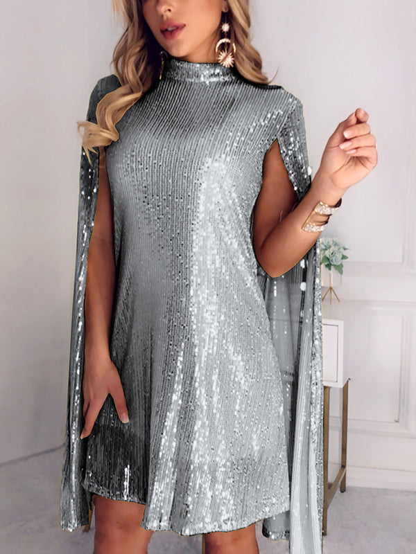 Olivia Bennet | Cape Long Sleeves Sequined Shiny Split-Joint Mock Neck Mini Dresses