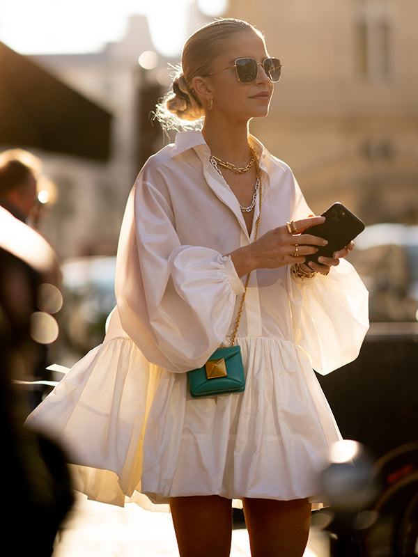 Olivia Bennet | Puff Sleeves Buttoned Solid Color Split-Joint Lapel Mini Dresses Shirt Dress