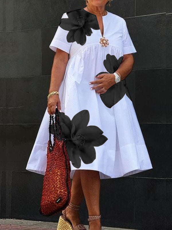 Olivia Bennet | A-Line Loose Flower Print Pleated V-Neck Midi Dresses