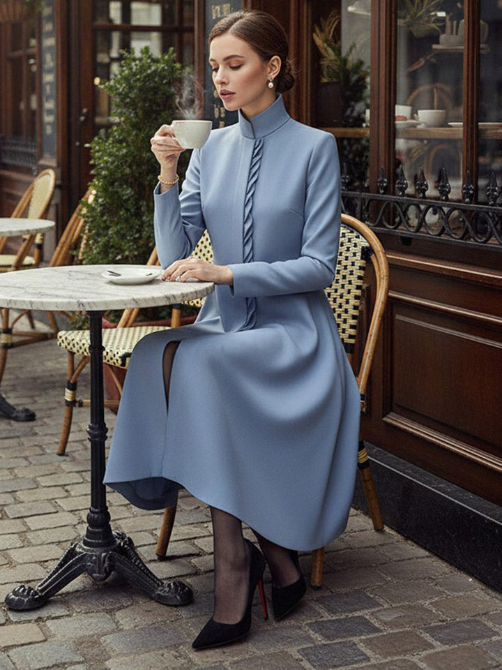 Olivia Bennet | A-Line Bodycon Asymmetric Pleated Pockets Solid Color Split-Joint Stand Collar Midi Dresses