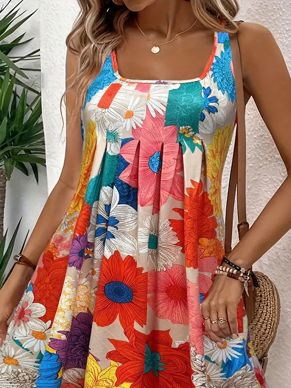 Olivia Bennet | A-Line High Waisted Flower Print Pleated Round-Neck Mini Dresses