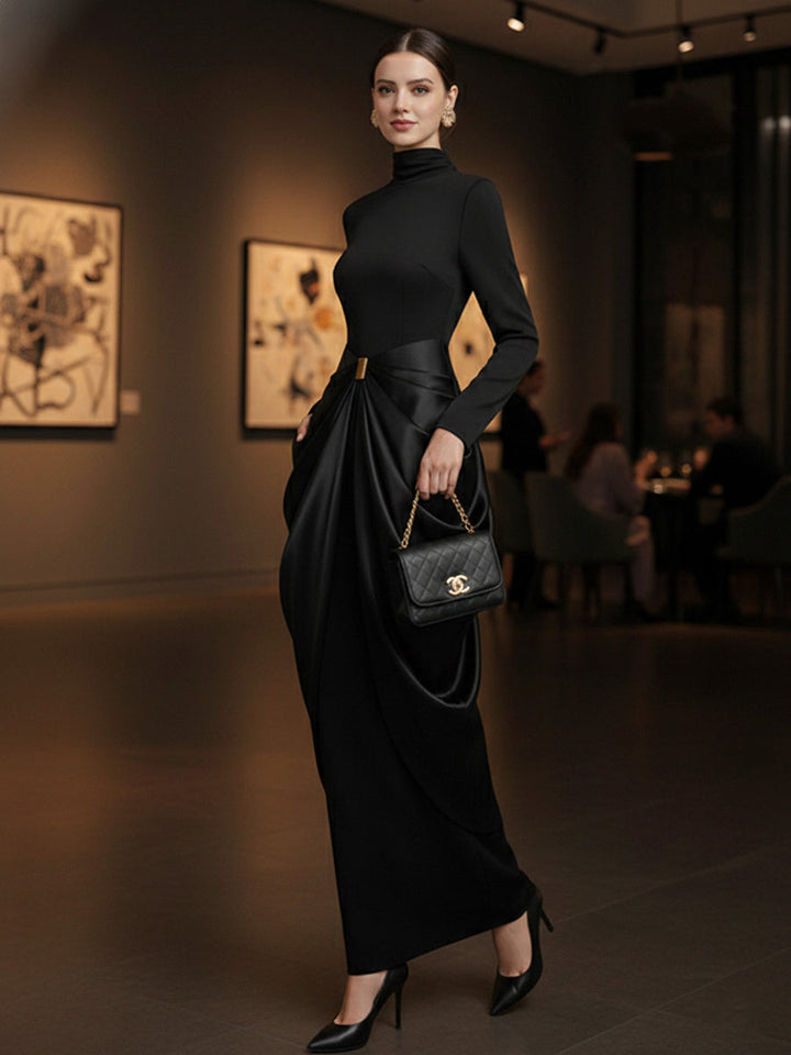 Olivia Bennet | Long Sleeves Buckle Draped High-Neck Evening Dresses Maxi Dresses