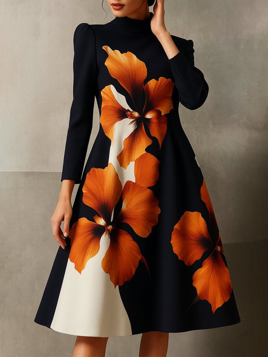 Olivia Bennet | A-Line Long Sleeves Contrast Color Flower Print Mock Neck Midi Dresses