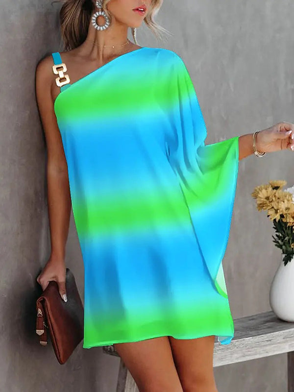 Olivia Bennet | Batwing Sleeves Loose Color-Block Hollow Printed One-shoulder Mini Dresses Short Dresses