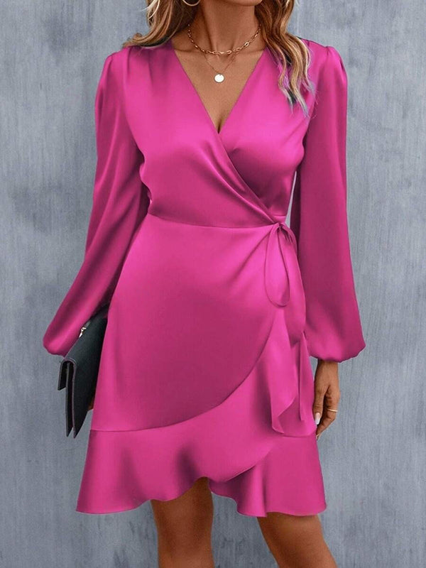 Olivia Bennet | High Waisted High-Low Elasticity Pleated Solid Color Split-Joint Tied V-Neck Mini Dresses