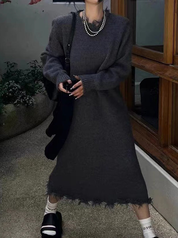 Olivia Bennet | High Waisted Long Sleeves Fringed Solid Color Round-Neck Midi Dresses Sweater Dresses