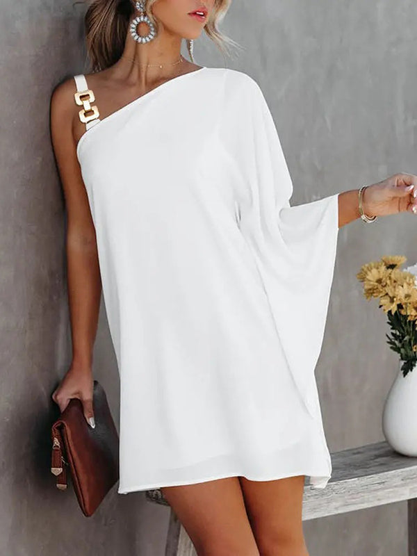 Olivia Bennet | Batwing Sleeves Loose Color-Block Hollow Printed One-shoulder Mini Dresses Short Dresses