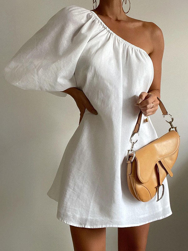 Olivia Bennet | Loose Three-Quarter Sleeves Asymmetric Elasticity Solid Color One-Shoulder Mini Dresses