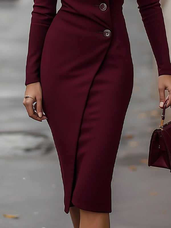 Olivia Bennet | Bodycon High Waisted Buttoned Solid Color V-Neck Midi Dresses