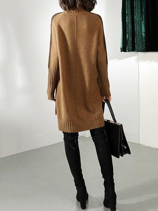 Olivia Bennet | Loose Long Sleeves Contrast Color Half Turtleneck Sweater Dresses
