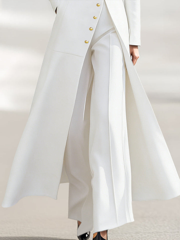 Olivia Bennet | High Waisted Long Sleeves Buttoned Solid Color Split-Front Round-Neck Midi Dresses
