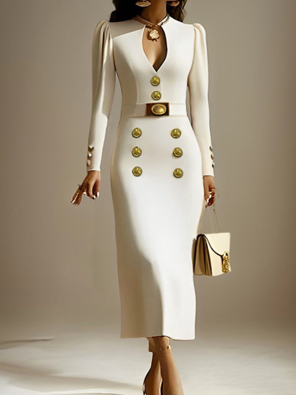 Olivia Bennet | Long Sleeves Puff Sleeves Buttoned Solid Color Deep V-Neck Midi Dresses