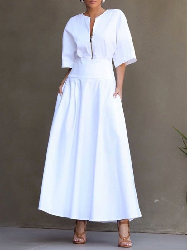 Olivia Bennet | Half Sleeves Loose Solid Color Zipper Round-Neck Maxi Dresses