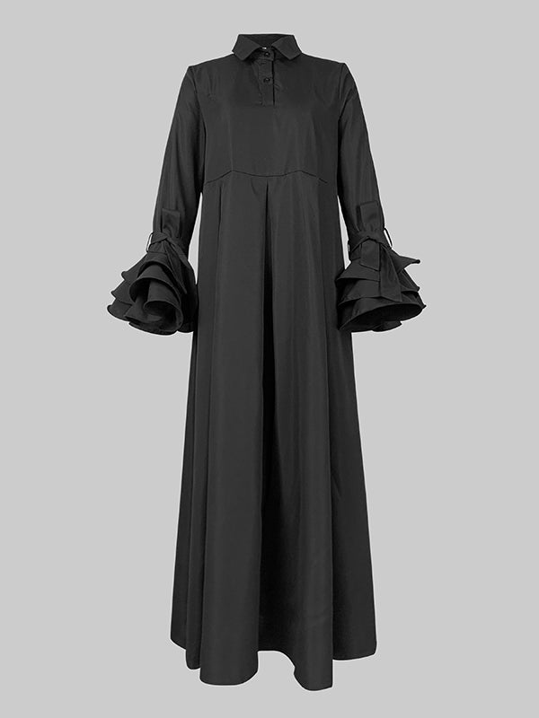 Olivia Bennet | Flared Sleeves Pleated Solid Color Split-Joint Lapel Maxi Dresses Shirt Dress