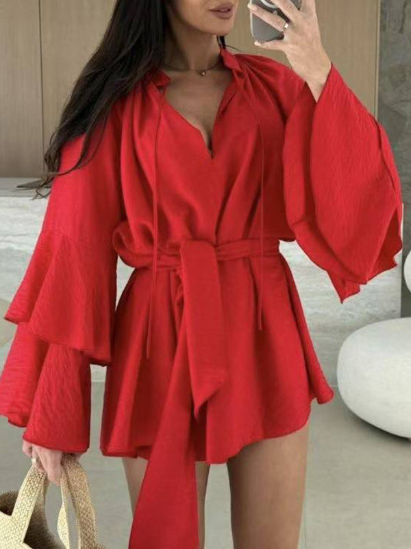 Olivia Bennet | Flared Sleeves Loose Lace-Up Pleated Solid Color Split-Joint Tiered Round-Neck Mini Dresses