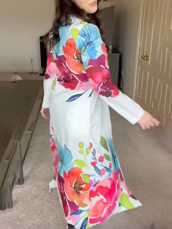 Olivia Bennet | Long Sleeves Loose Buttoned Flower Print Lapel Maxi Dresses Shirt Dress
