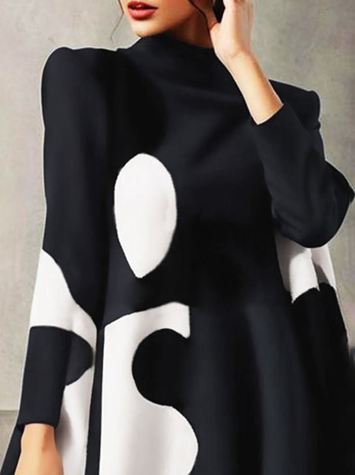Olivia Bennet | A-Line Long Sleeves Polka-Dot Split-Joint Mock Neck Mini Dresses