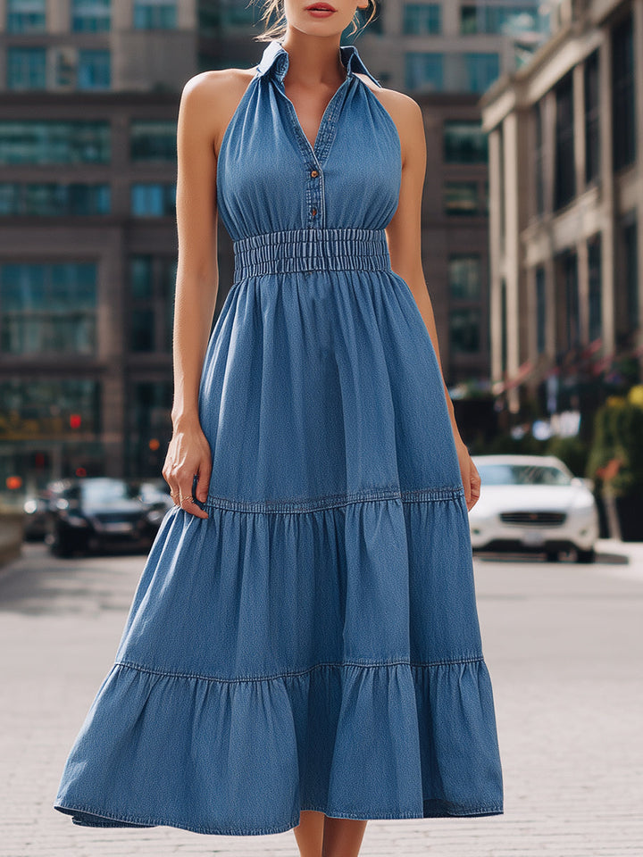 Olivia Bennet | Halter-Neck Tiered Denim Maxi Dress