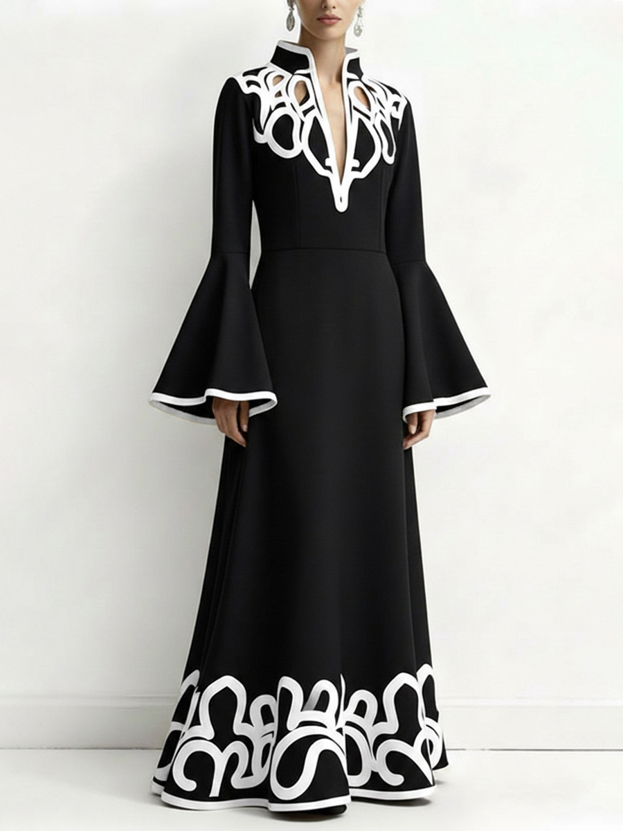 Olivia Bennet | A-Line Flared Sleeves Abstract Printed Contrast Color Hollow Line Split-Joint Stand Collar Maxi Dresses