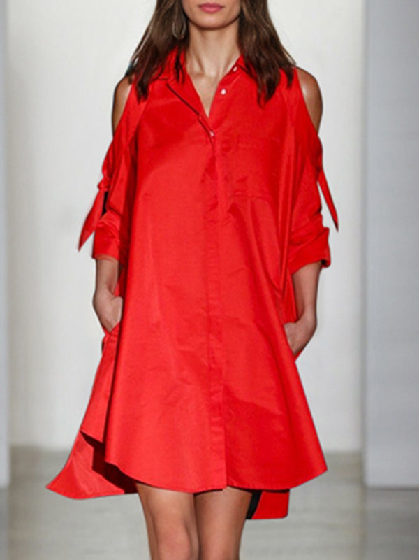 Olivia Bennet | Loose Solid Color Split-Joint Cold Shoulder Mini Dresses Shirt Dress