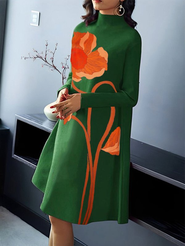 Olivia Bennet | A-Line Long Sleeves Flower Print Split-Joint High Neck Midi Dresses