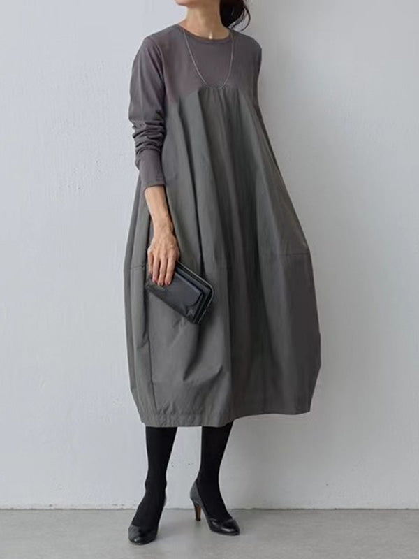 Olivia Bennet | Long Sleeves Loose Split-Joint Round-Neck Midi Dresses