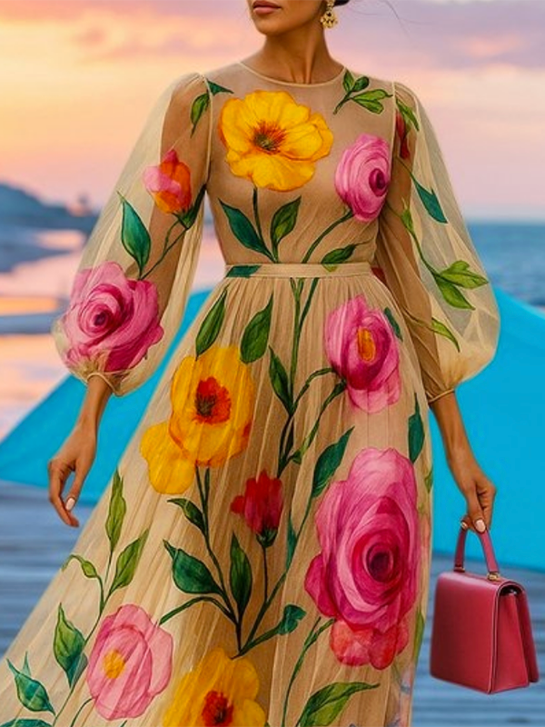 Olivia Bennet | Loose Puff Sleeves Flower Print See-Through Round-Neck Midi Dresses