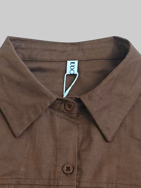 Olivia Bennet | Loose Puff Sleeves Pleated Solid Color Split-Joint Lapel Maxi Dresses Shirt Dress