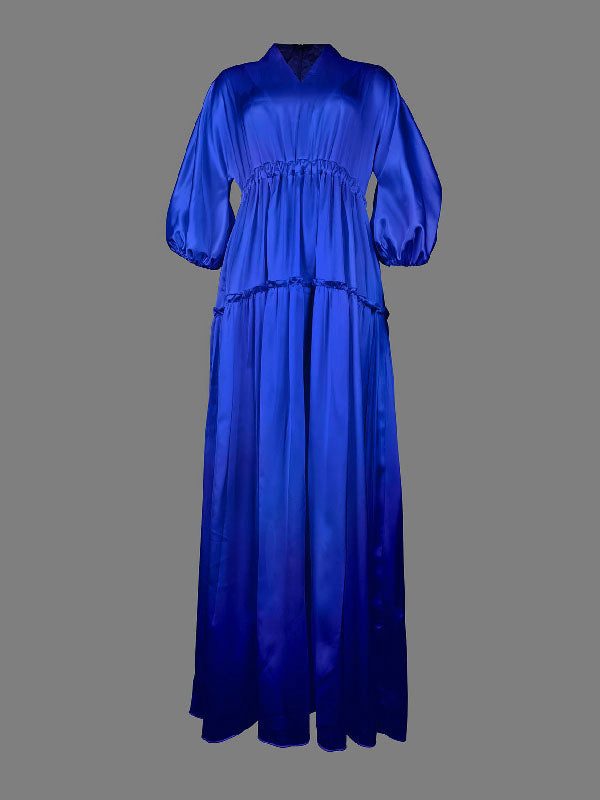 Olivia Bennet | High Waisted Puff Sleeves Falbala Solid Color V-Neck Maxi Dresses