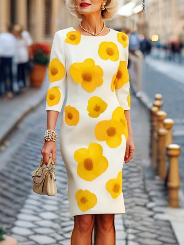 Olivia Bennet | Three-Quarter Sleeves Flower Print Round-Neck Midi Dresses