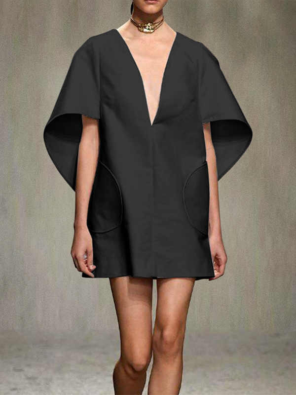 Olivia Bennet | Half Sleeves Loose Solid Color Deep V-Neck Mini Dresses