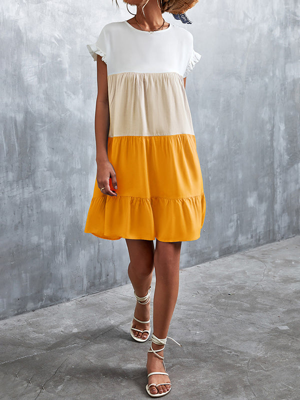 Olivia Bennet | Loose Ruffle Sleeves Contrast Color Falbala Pleated Split-Joint Round-Neck Mini Dresses