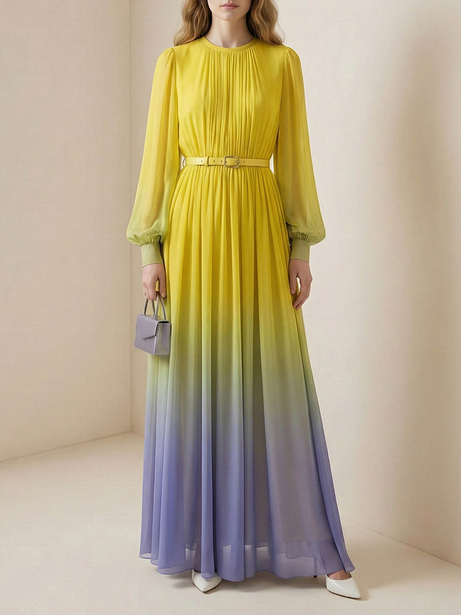 Olivia Bennet | High Waisted Long Sleeves Belted Contrast Color Gradient Pleated Split-Joint Round-Neck Maxi Dresses