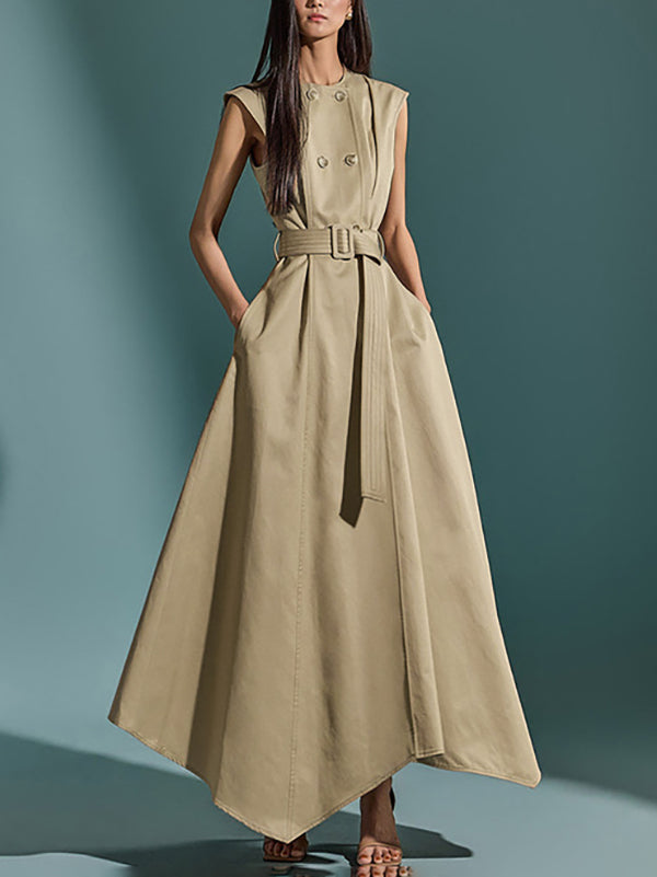Olivia Bennet | A-Line High Waisted Belted Buttoned Pockets Solid Color Round-Neck Maxi Dresses