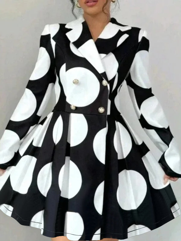 Olivia Bennet | A-line High Waisted Buttoned Contrast Color Pleated Polka-Dot Lapel Mini Dresses