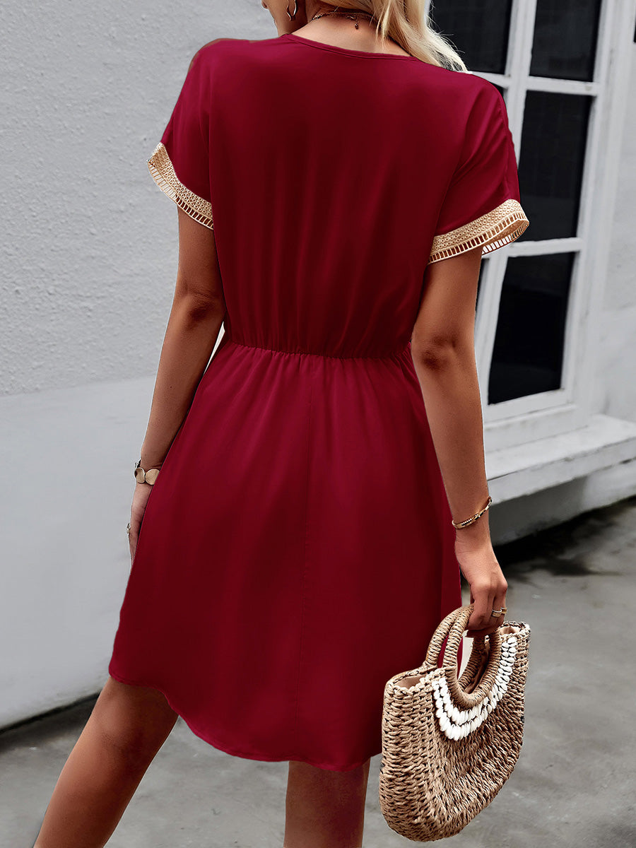 Olivia Bennet | A-Line Elasticated Waist Contrast Color Drawstring Hollow Split-Joint Tasseled Tied V-Neck Mini Dresses