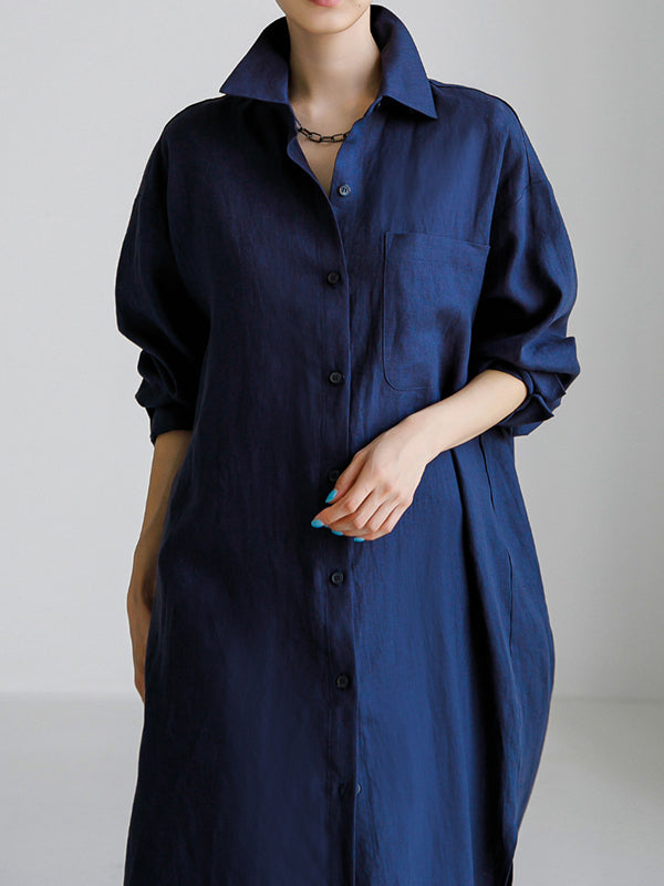 Olivia Bennet | Simple Long Sleeves Split-Side Solid Color Lapel Midi Dresses Shirt Dress