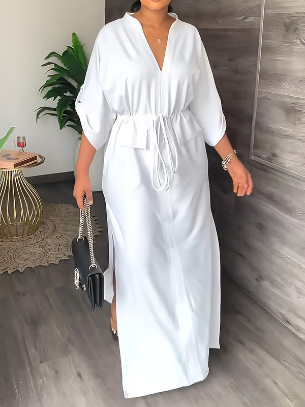Olivia Bennet | Loose Drawstring Solid Color Split-Side V-Neck Maxi Dresses