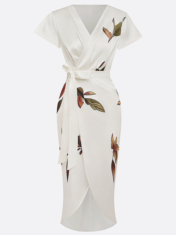Olivia Bennet | Raglan Sleeve Asymmetric Pleated Printed Split-Joint V-Neck Midi Dresses