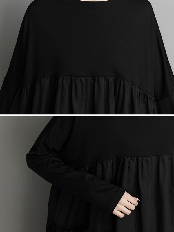 Olivia Bennet | Simple Loose Black Split-Joint Long Sleeves Midi Dress