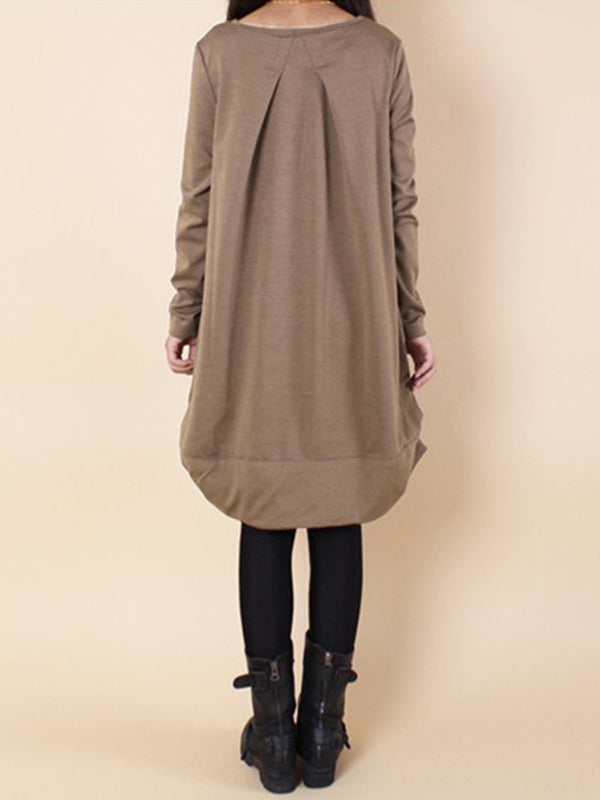 Olivia Bennet | A-line Long Sleeves Pleated Solid Color Round-neck Dresses Maxi Dresses