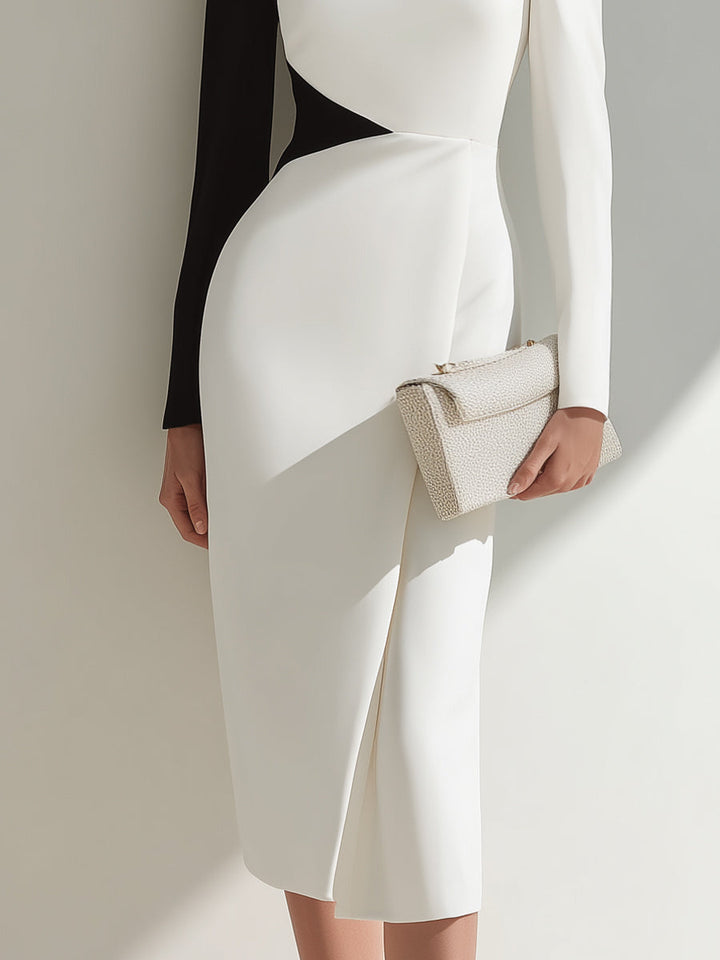 Olivia Bennet | Black and White Asymmetrical One-Shoulder Midi Dress