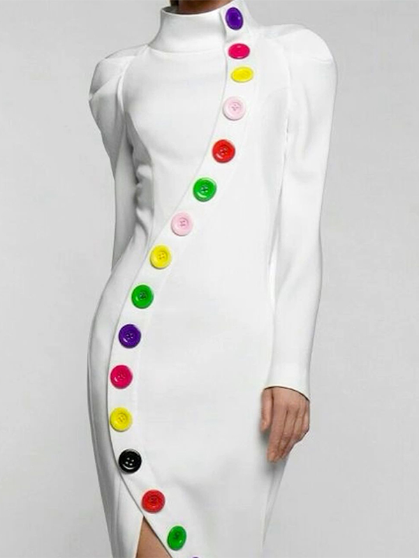 Olivia Bennet | Long Sleeves Buttoned Contrast Color High Neck Midi Dresses